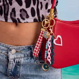 Bohemian Alloy Copper Sun Moon Star Keychain Bag Pendant For Women Vintage Heart Strawberry Tassel Beaded Bag Charm Jewelry
