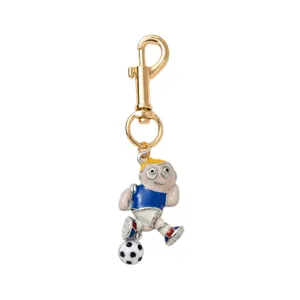 Cartoon football player keychain with blue jersey and 18K gold plated lobster clasp