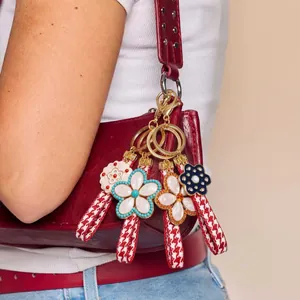 Fashion Strawberry Cherry Flower Keychain For Women Cute Bag Charm Gold Plated Copper Alloy Houndstooth Ribbon Keyring