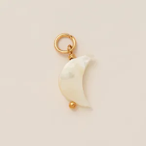 Macro detail of crescent moon pendant with shell texture and gold wire wrapping