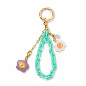 Floral bag charm with mint acrylic chain, purple eye flower and pearl keychain accessory