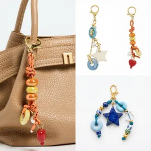 Retro Star Heart Ceramic Bead Bag Charm Woven Rope Keychain For Women Handbag Decoration Gold Plated Fashion Accessories
