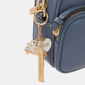 Blue lychee leather bag with gold heart lock and 'Just Married' keychain accessories
