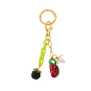 Fruit themed keychain with green acrylic chain, watermelon slice, blackberry and pearls