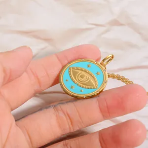 Golden 18K gold plated evil eye round pendant necklace with blue enamel and zircon detail