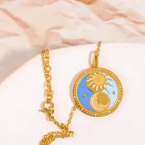 Celestial tarot round pendant necklace with sun and moon enamel in 18K gold plated steel