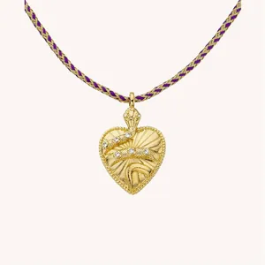 Retro gouden hart-slang hanger ketting met witte zirkonia en paars koordsnoer