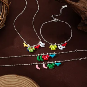 Colorful enamel laundry charms necklace and bracelet set in polished stainless steel