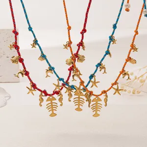 Marine themed 18K gold stainless steel necklaces with colorful braided ropes and sea charms