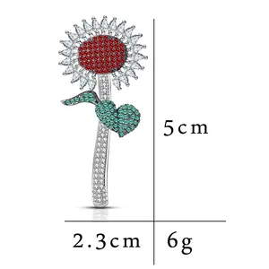 Sunflower zircon brooch with red center and heart leaf, 5cm height jewelry accessory