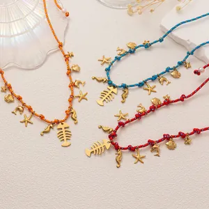 Bohemian style colorful braided rope necklaces with 18K gold marine charms and pendants