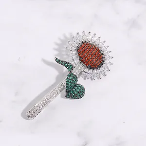 Sunflower Zircon Copper Brooch For Women Exquisite Colorful Rhinestone Floral Pin Fashion Dress Jewelry Accessory Gift
