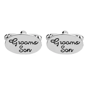 Polished silver oval cufflinks with black Grooms Son engraving for men's formal shirts