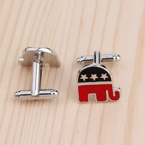 Detailed view of silver elephant cufflinks with red and blue enamel Republican Party logo