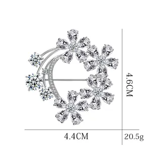 Elegant flower and moon brooch with silver finish and crystal rhinestones, 4.4x4.6cm