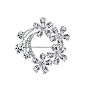 Sparkling floral brooch with pear cut zircons and silver finish for elegant women