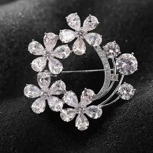 Elegant Copper Flower Brooch With Pear Cut Cubic Zirconia Crescent Moon Shape Sparkling Rhinestone Pin For Women Jewelry