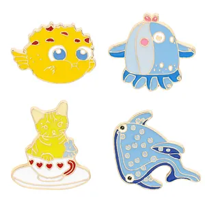 Cartoon Animal Enamel Pins Cute Cat Whale Pufferfish Jellyfish Brooches For Backpack Clothes Jacket Hat Alloy Jewelry Decor