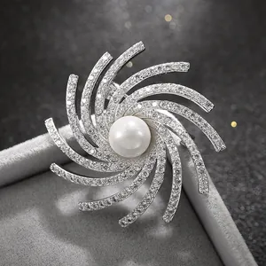 Elegant Copper Spiral Snowflake Brooch With White Artificial Pearl And Zirconia Inlaid Silver Tone Fashion Jewelry For Women Gift