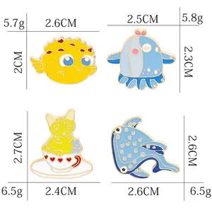 Set of 4 cute cartoon enamel pins featuring dolphin whale and cat designs with dimensions