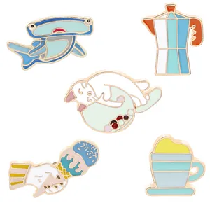 Set Spille Smaltate Cartone Animato Gatto Squalo Caffè Moka Gelato Lega Di Zinco Spilla Per Decorazione Vestiti Borse