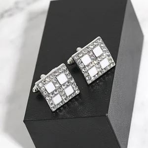 Elegant square silver cufflinks with crystals and white center tiles for men's shirts