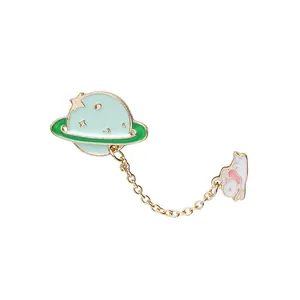 Cute enamel planet and rabbit chain brooch with light blue Saturn and gold details