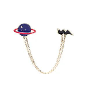Japanese style blue planet and black lightning bolt collar pin with double gold chains
