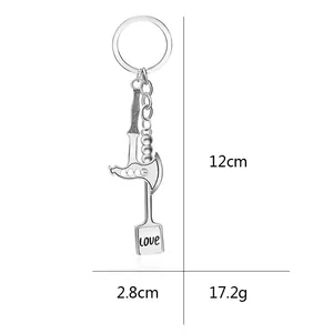 Creative mini metal axe keychain with polished ring and love tag, 12cm silver accessory