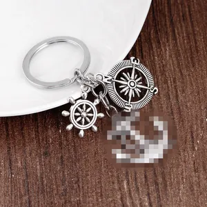 Porte-clés Boussole Barre Gouvernail Ancre Nautique Vintage Alliage Argent Anneau Porte-clés Bijoux Amitié Cadeau pour Hommes Femmes