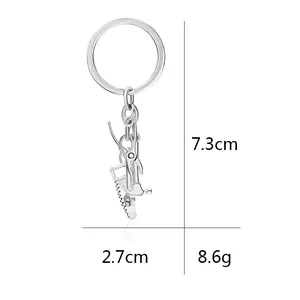 Mini tool keychain showing hammer, saw, pliers and wrench charms with dimensions