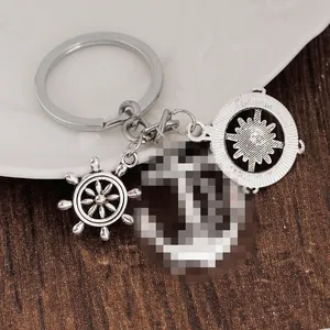 Porte-clés nautique en alliage argent antique avec pendentifs boussole et gouvernail