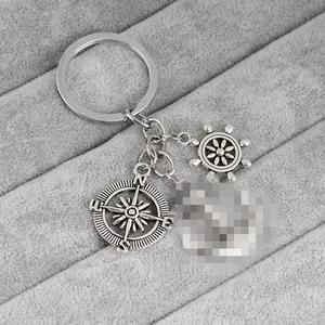 Porte-clés boussole barre de gouvernail et ancre en acier inoxydable argenté vintage