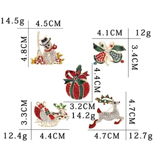 Christmas rhinestone brooches set with snowman, reindeer, bell, and sled dimensions details