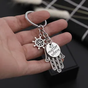 Vintage silver Hamsa Hand and helm keychain with no matter where engraved metal tag