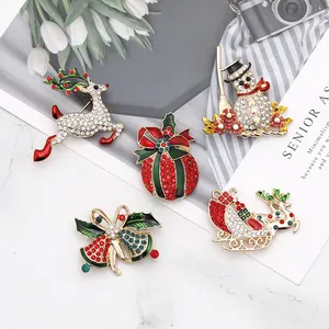 Five-piece Christmas brooch set with rhinestone reindeer, snowman, bell and sleigh