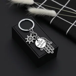 Hamsa Hand and ship wheel keychain in vintage silver with 'no matter where' engraving