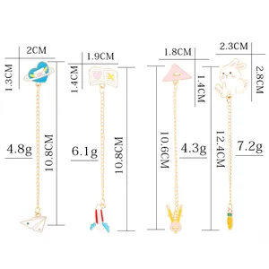 Detailed view of colorful enamel metal bookmarks showing dimensions and weight for each style