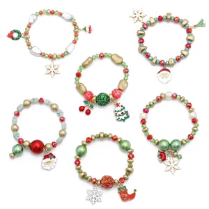 Handgemaakte Kerst Kralen Armbanden Legering Emaille Kerstman Sneeuwpop Sneeuwvlok Kerstboom Bedels Feestelijke Sieraden