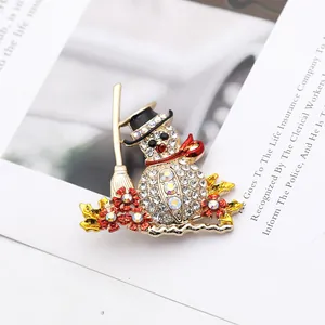 Close-up of snowman brooch with white rhinestones, black hat and red scarf detail