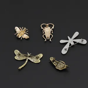 Five-piece set of metal insect brooches in bee and dragonfly shapes with secure pin backs
