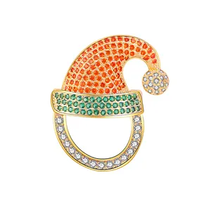 Festive Christmas Hat Brooch For Women Gold Plated Copper Colorful Zirconia Rhinestone Inlaid Decorative Lapel Pin Holiday Gift Jewelry