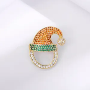 Exquisite gold-plated Christmas hat brooch with colorful zircon inlay for festive outfits