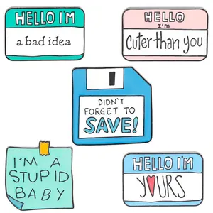 5-piece creative enamel pin set featuring colorful name tags and retro floppy disk