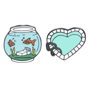 Ensemble de Broches en Émail Créatif Aquarium et Piscine en Forme de Cœur Badge en Alliage Huile d'Égouttement pour Vêtements Sacs Accessoires