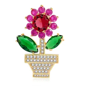 Elegant Sunflower Potted Flower Brooch Pin For Women Fashion Copper Zirconia Inlaid Corsage Gold Silver Plated Jewelry Gift