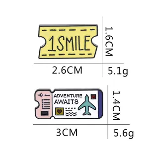 Adventure Awaits airplane ticket and yellow smile enamel pins set for jackets