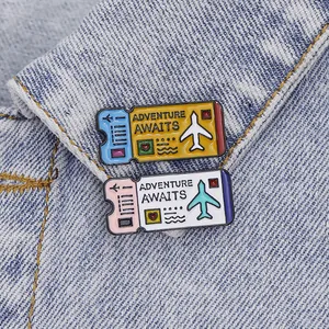 Cartoon Flight Ticket Enamel Brooch Pin Alloy ADVENTURE AWAITS 1 SMILE 1 HUG Letter Badge For Backpack Jacket Clothing Jewelry Women Men Gift