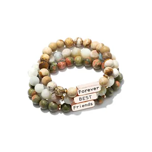 Set van 3 Best Friend kralenarmbanden van natuursteen met gegraveerde roségouden bedels
