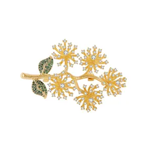 Korean Style Elegant Plant Pine Tree Branch Brooch Pin Gold Copper Zirconia Rhinestone For Women Clothing Decoration Gift